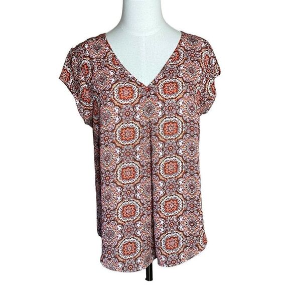 DR2 Daniel Rainn Womens Medium Pullover V Neck Top Orange Geometric Print - Picture 1 of 15